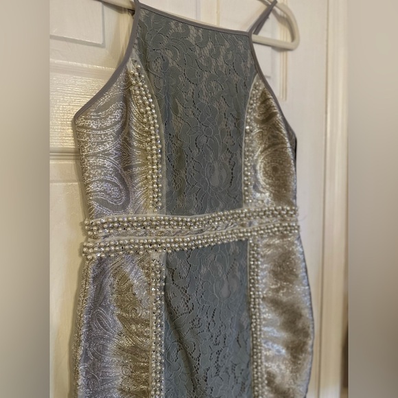 PrettyLittleThing Luci Pale Blue Premium High Neck Jacquard Lace Panel Mini *NWT - Picture 8 of 10